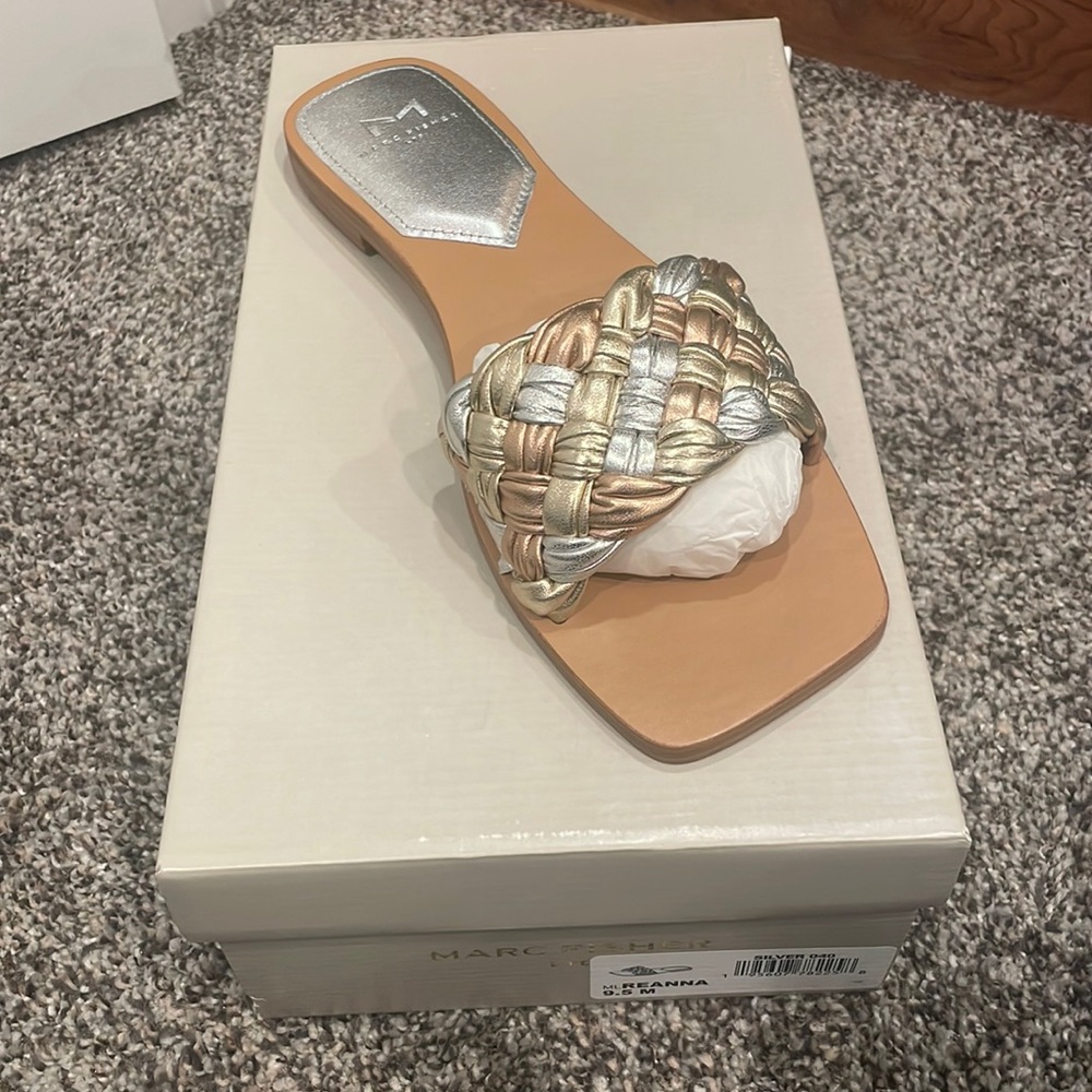 Brand new metallic slides, silver gold, and rose gold